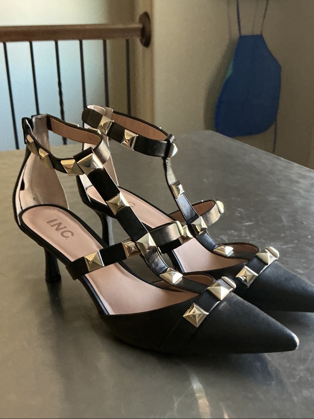 INC International Concepts Black Pointed-Toe Heels with Gold Studs